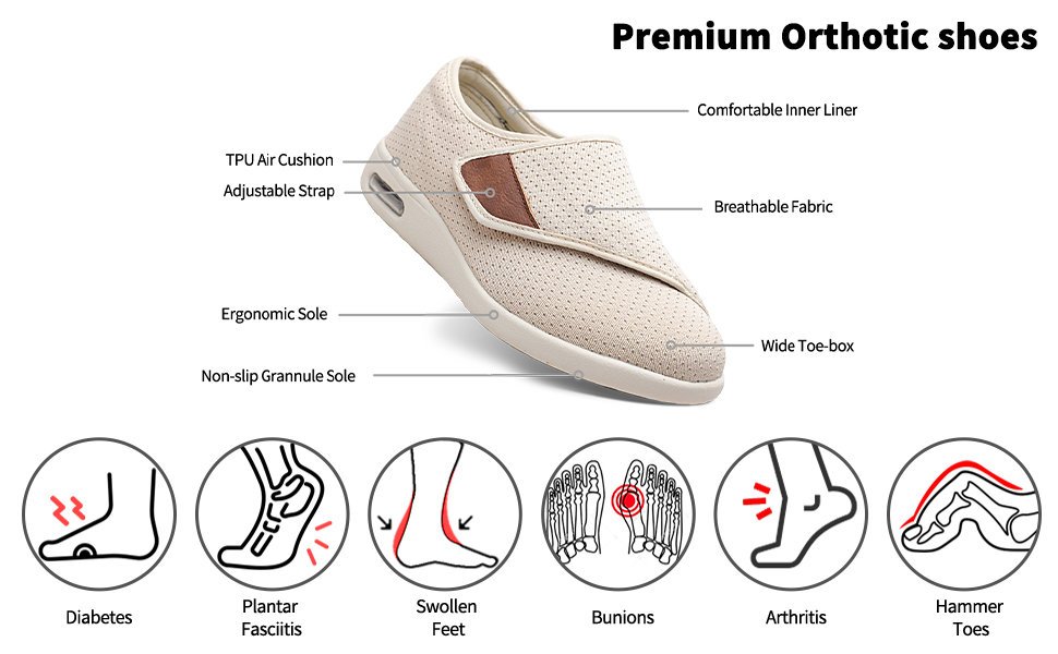 Women Men Diabetic Shoes with Arch Support Extra Wide Widths Walking Edema Sneakers Adjustable Strap