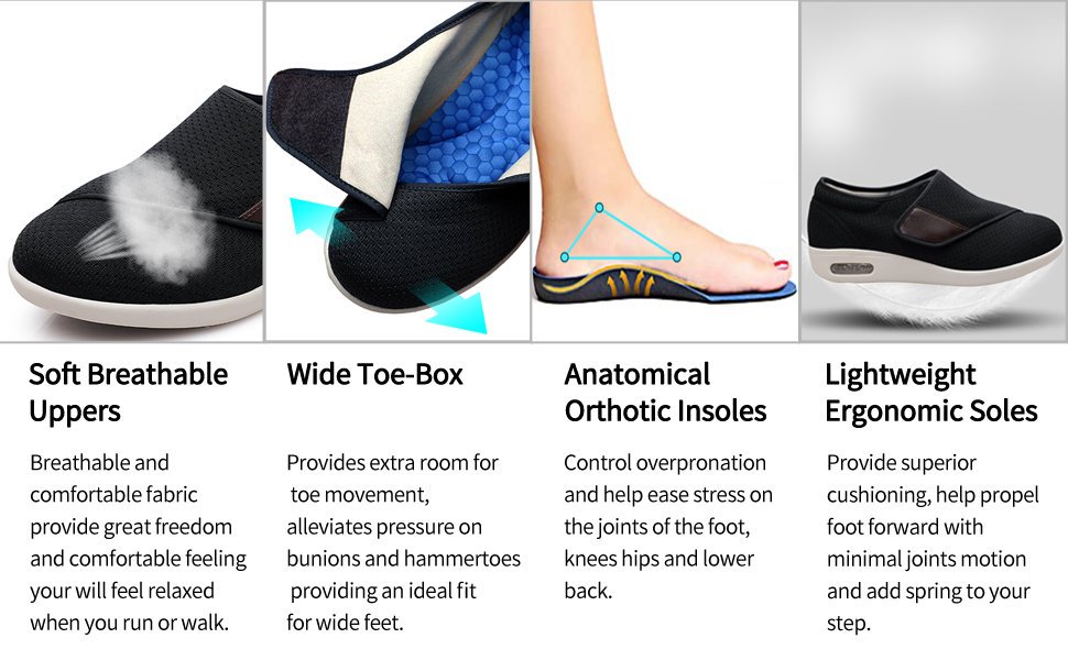Stylish Diabetic Shoes with Arch Support,Extra Wide Widths Walking Edema Sneakers Adjustable Strap Easy On/Off with 3 Pairs Insoles Replacement for Support Swollen Feet
