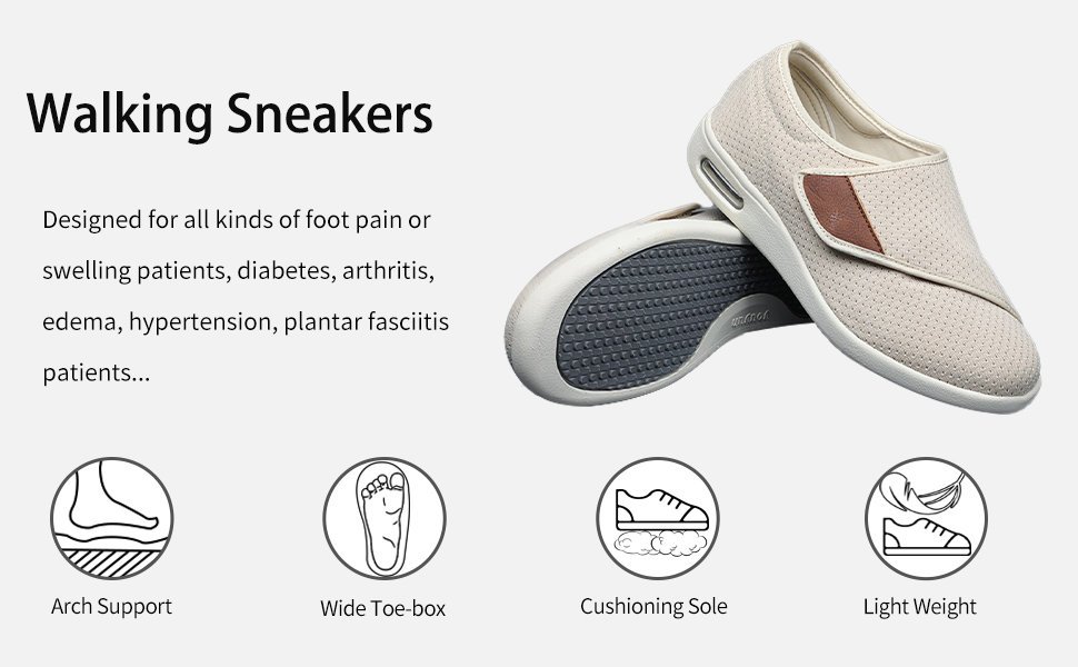 Stylish Diabetic Shoes with Arch Support,Extra Wide Widths Walking Edema Sneakers Adjustable Strap Easy On/Off with 3 Pairs Insoles Replacement for Support Swollen Feet